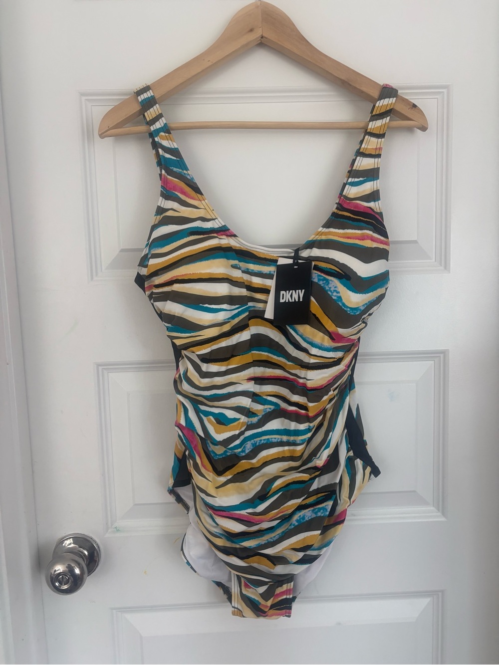 DKNY Multistripe One-Piece Swimsuit in Teal, Yellow, Pink & Black NWT